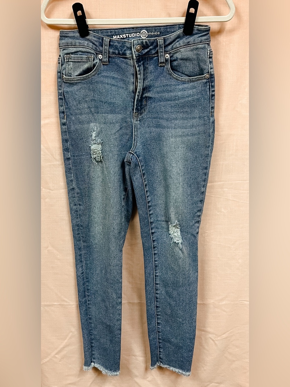 Max Studio Indigo Distressed High Rise Skinny Jeans - Light Wash Blue